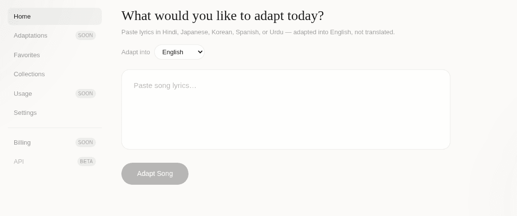 The CASTIA dashboard: language pickers and lyric box alongside the sidebar for saved collections